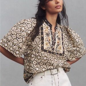 ✨NWT - By Anthropologie Black Motif Pleated Puff Sleeve Blouse✨